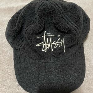VTG Stussy Fleece Earflap Cap Snapback Hat USA 90s Y2K Logo Streetwear Blue RARE